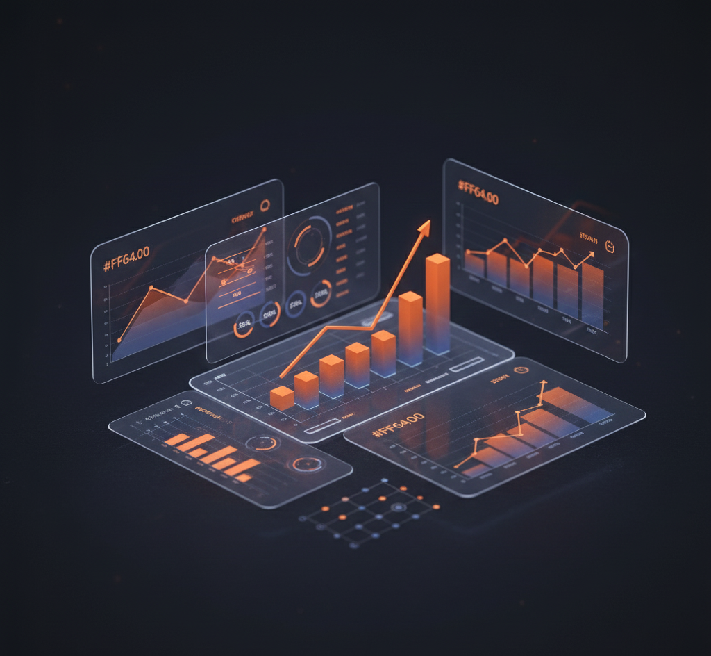 Panel digital con métricas y gráficos que representa las estrategias de marketing inteligente de FOC Project.